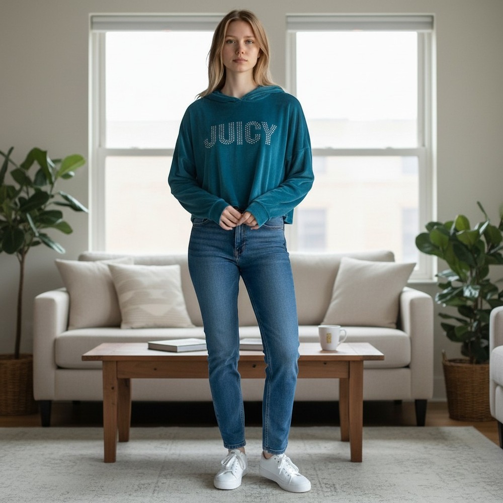 Juicy Couture Los Angeles Velour Crop Hoodie Teal Rhinestone Logo Size M
